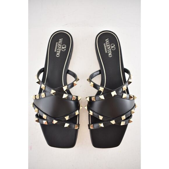 Valentino Rockstud Crisscross Strap Leather Black Slide Slip On Flat Sandal 40 - Picture 11 of 16